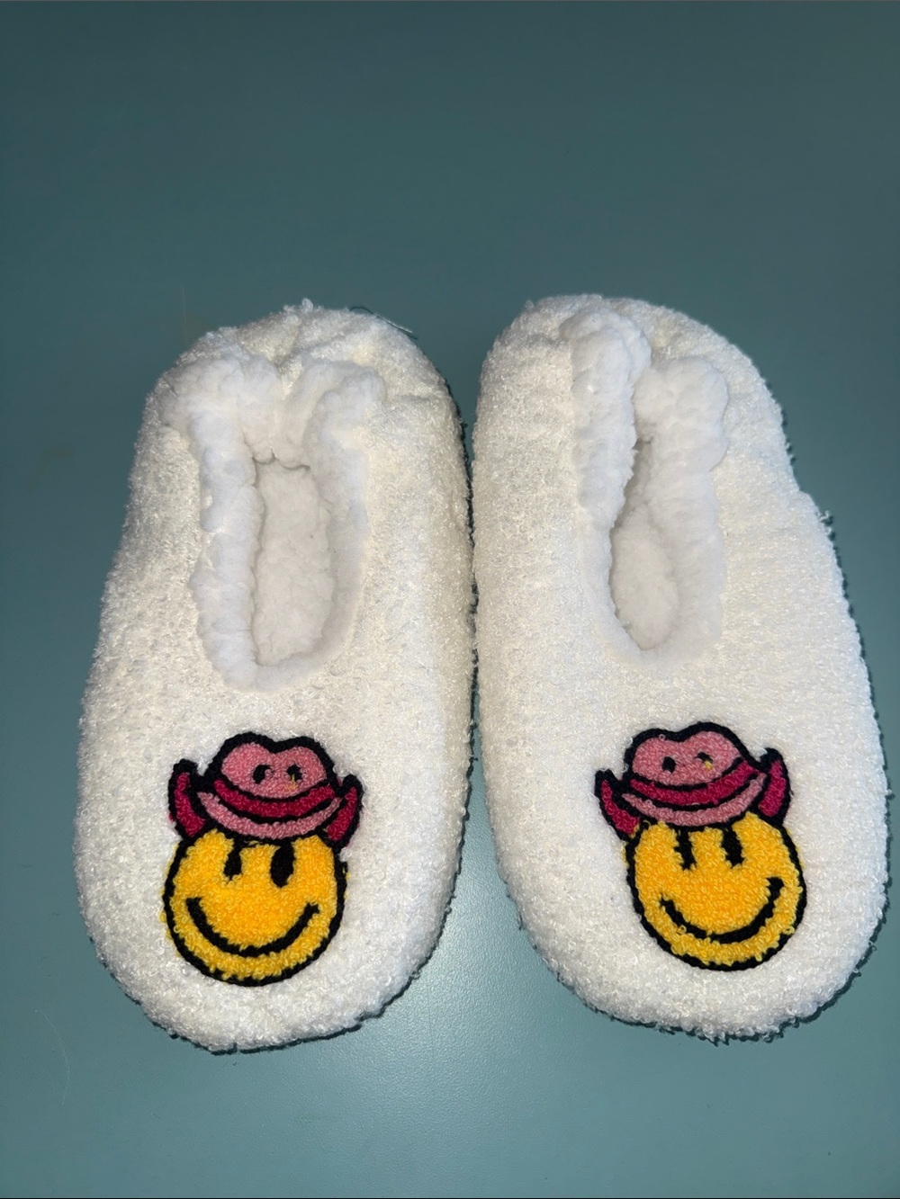 White Plush Sock Slippers Cowgirl Smiley Face